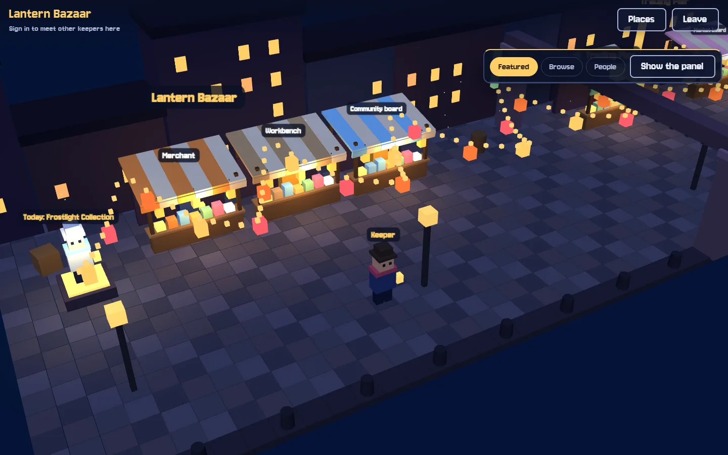 The Lantern Bazaar: a night market on the harbour seen from above, with striped stalls for the merchant, the Workbench and the community board, strings of lanterns and lit houses behind.