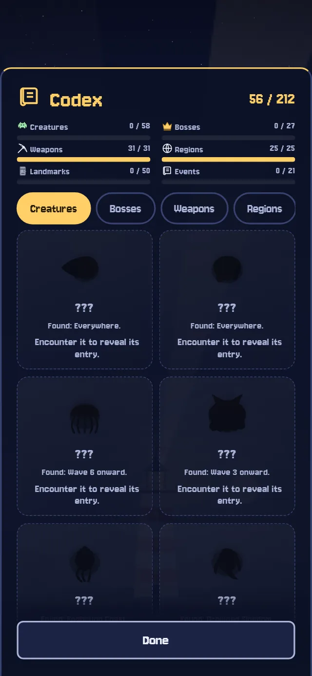 The Codex: a gallery of creatures such as the Wisp, Shade, Drifter and Hulk, with how many you have defeated.