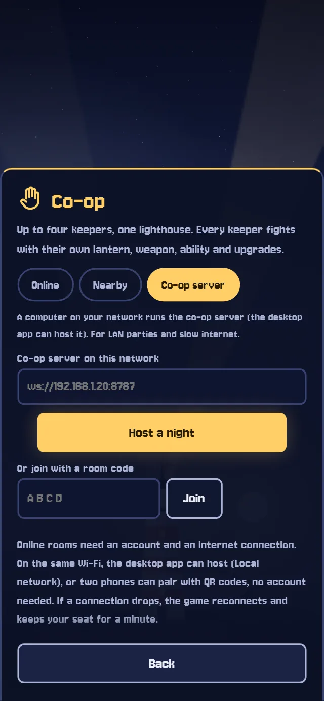The Co-op screen: host a night online, on the same Wi-Fi, or phone to phone.