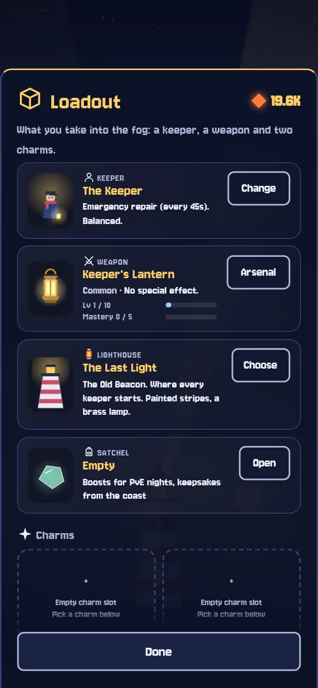 The Loadout: keeper, weapon, lighthouse, Satchel and charm slots.