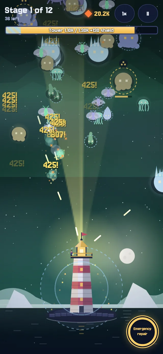 The Aurora Expanse on a phone, the lighthouse ringed by ice spirits.
