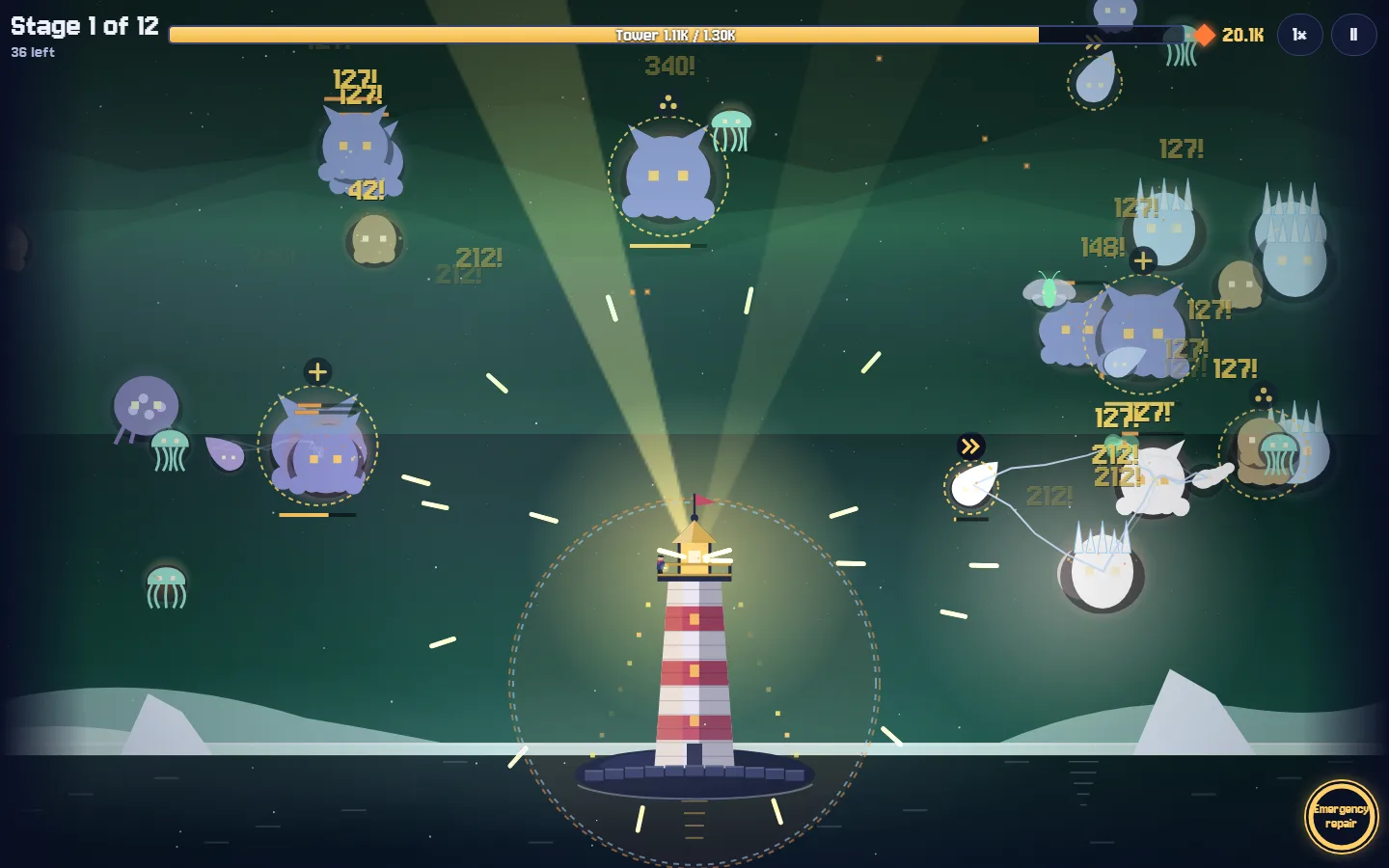 A night in the Aurora Expanse: green northern lights, ice and dozens of fog creatures closing in on the lighthouse.