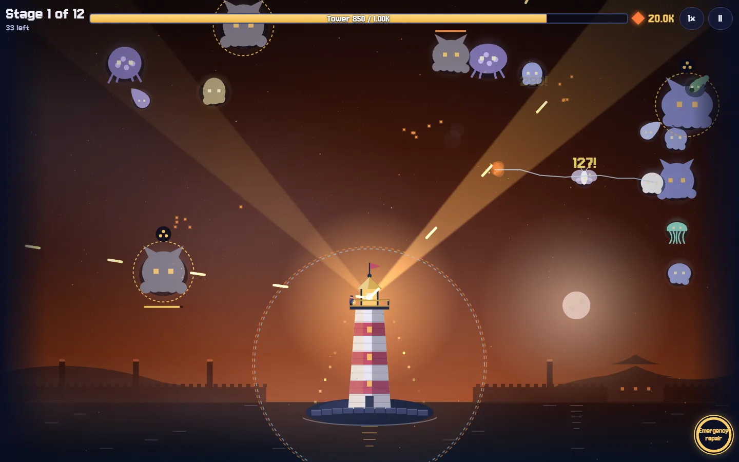 The Ember Empire: an orange sky, forges on the shore and the lantern flaring.