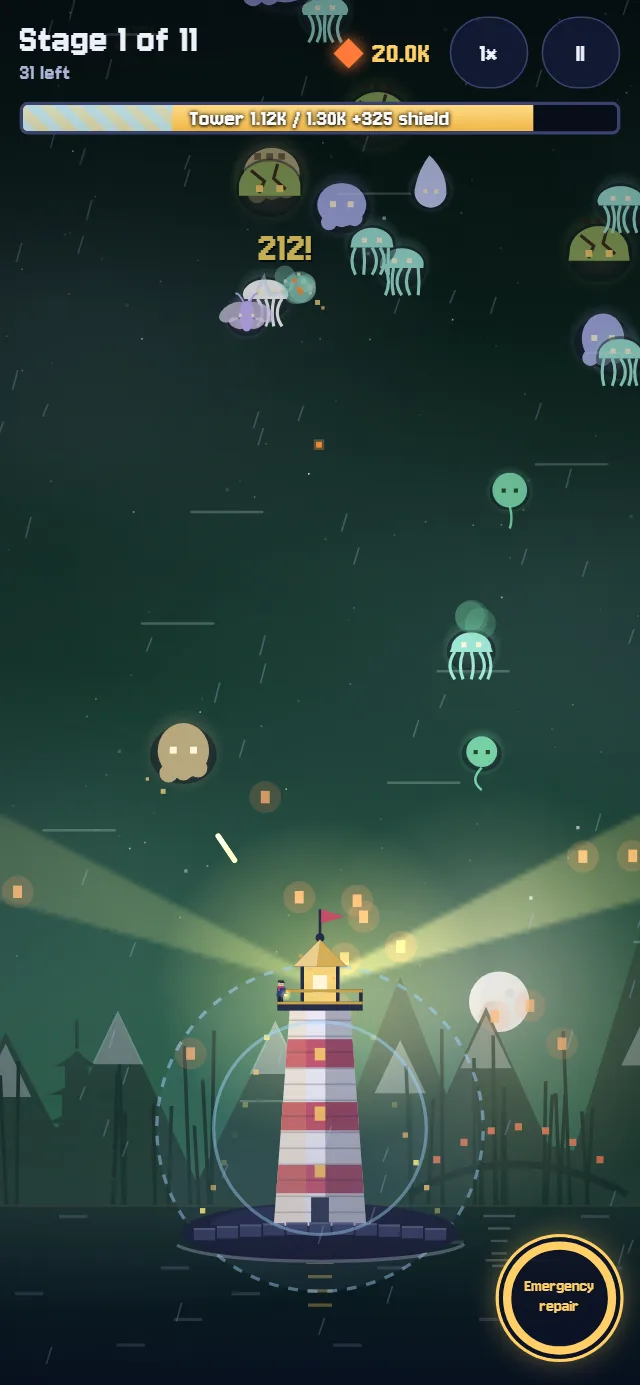 The Jade Tempest: green lights and gusts sweeping the creatures sideways, on a phone.