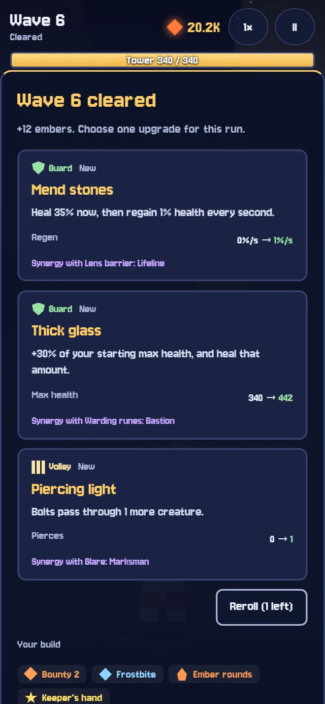 Prepare the lantern: three upgrade cards to choose from, Hunter's focus, Frost glass and Bounty, each with its effect and synergies.