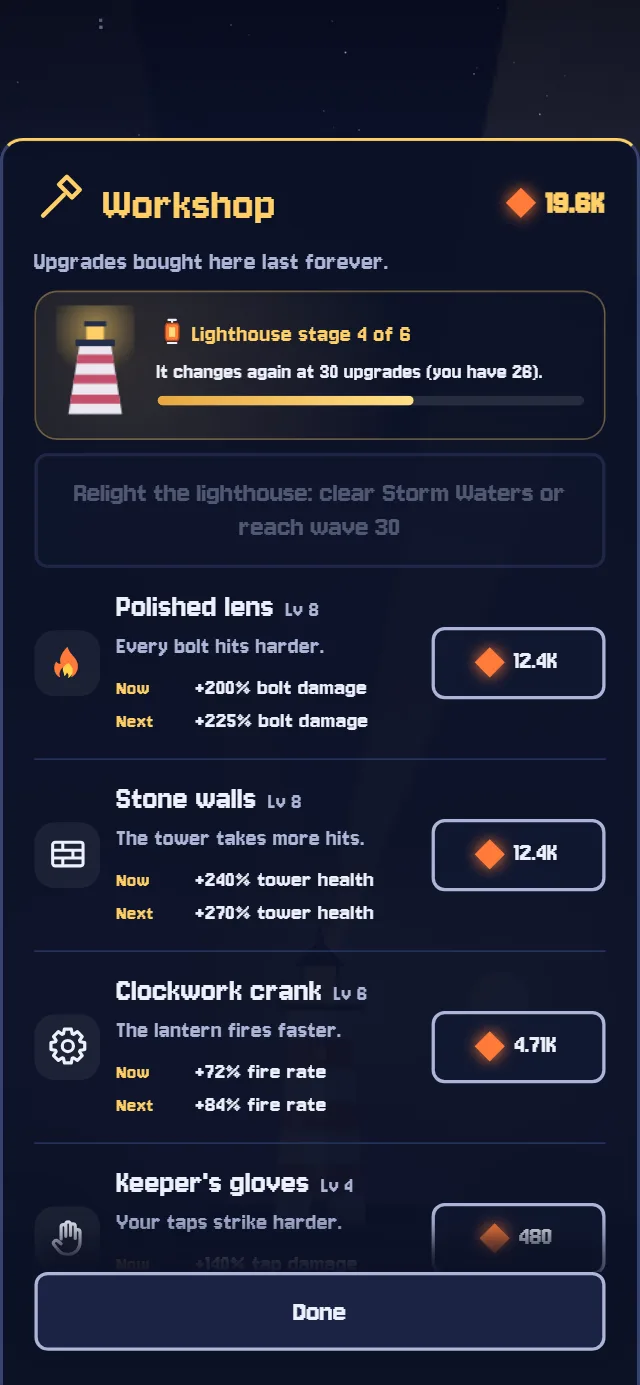 The Workshop: lasting upgrades such as Polished lens, Stone walls and Clockwork crank.